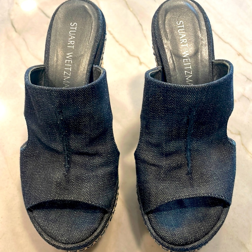 Stuart Weitzman denim slip on platform sandal